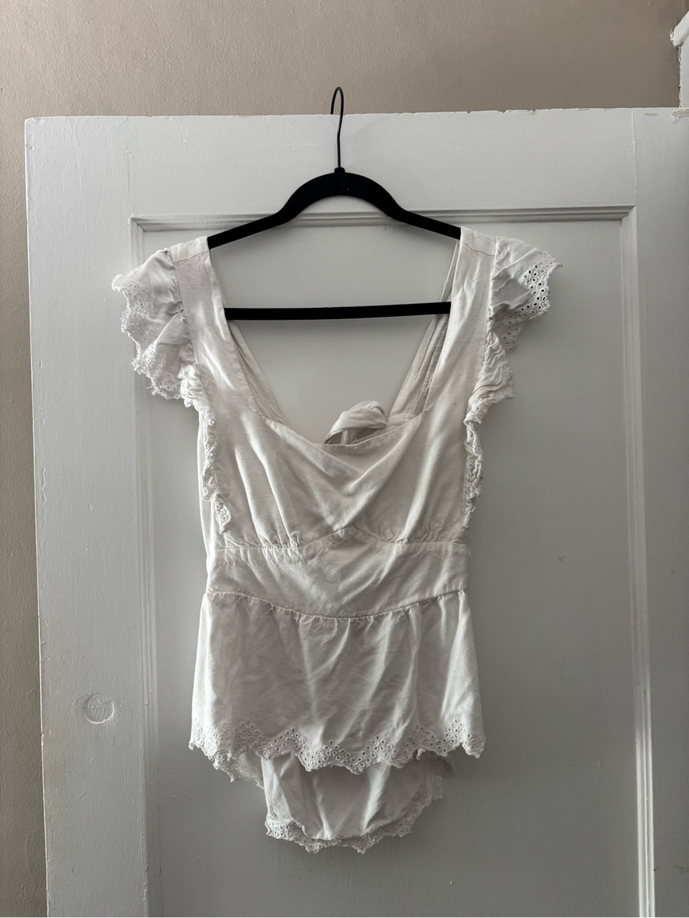 White Lace-Trim Flutter Sleeve Top